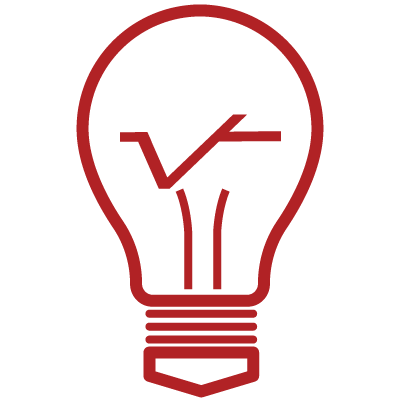 A red lightbulb vector with a GK logo symbol in the middle