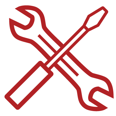 A red vector graphic of a wrench and screwdriver crossed in an X shape.
