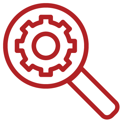 A vector of a red magnifying glass with a gear inside of it.