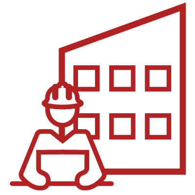 A vector of a person in a hard hat holding a paper up. There is an industrial building behind them.